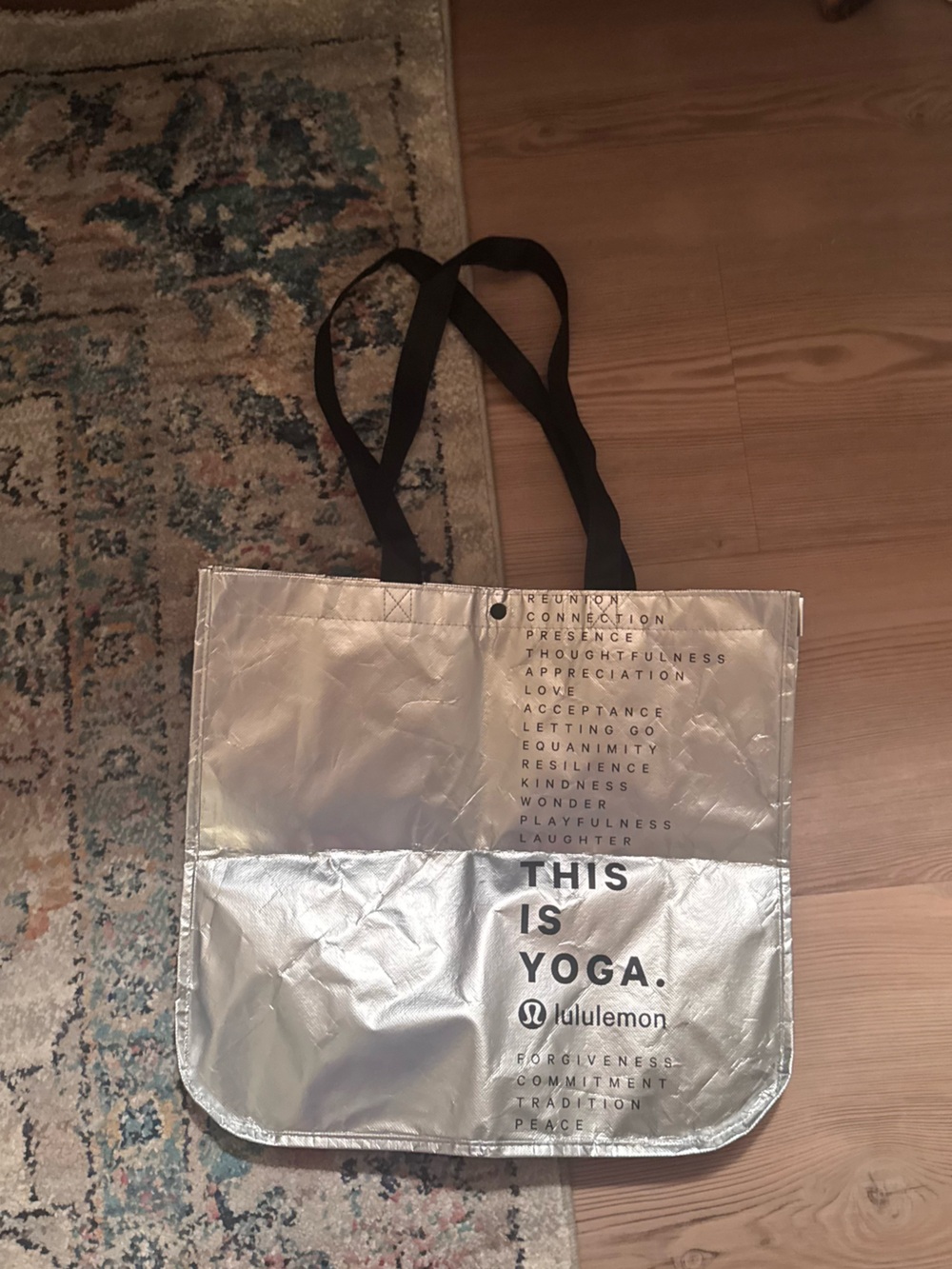 NWOT Lululemon athletica Silver Metallic 'This Is Yoga' Tote with Black Straps